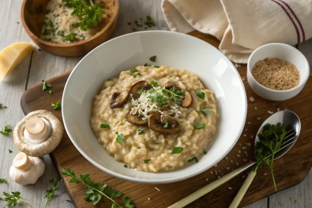 Creamy mushroom risotto served in a bowl