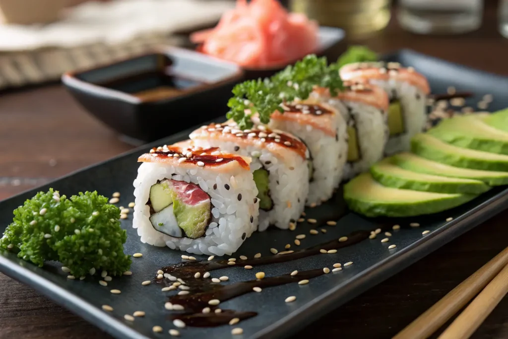 Close-up of Boston roll sushi garnished with sesame seeds, soy sauce drizzle, parsley, and pickled ginger on a black plate