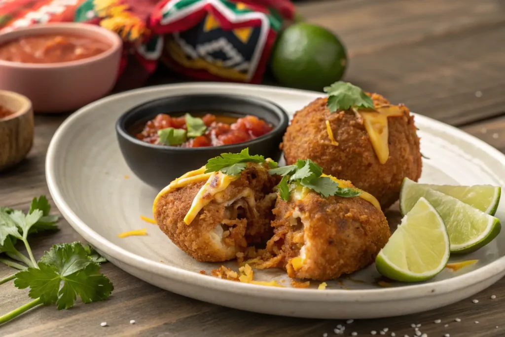 Crispy birria bombs served with dips and garnishes.