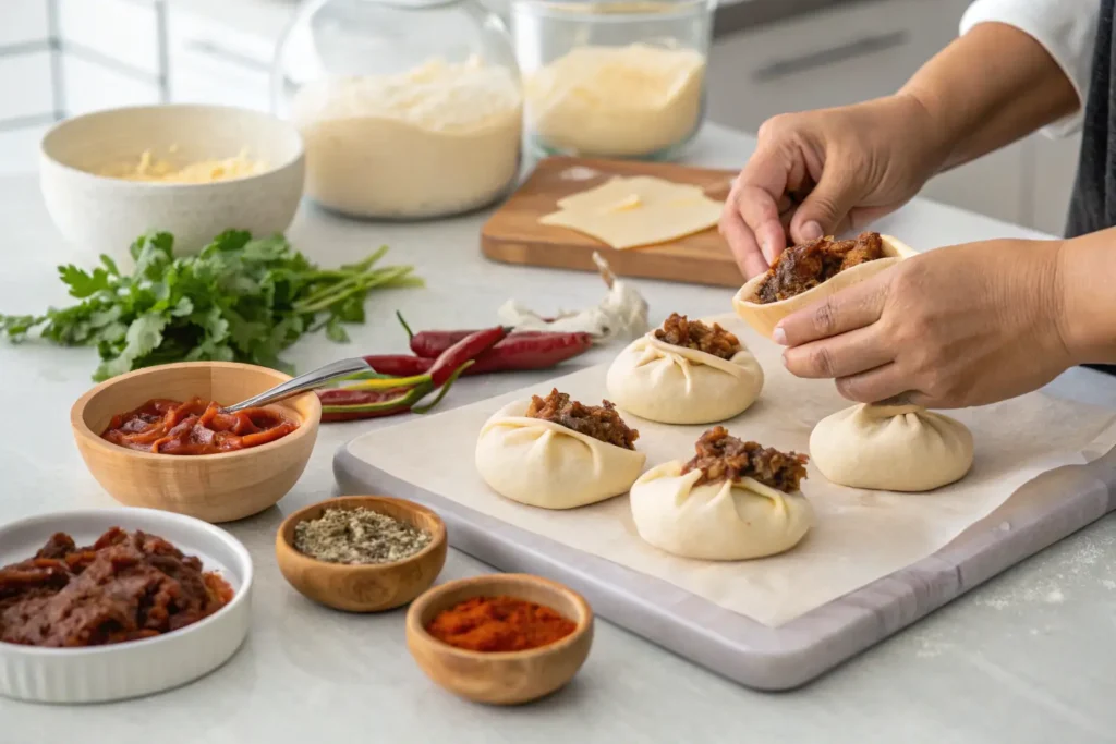 Step-by-step process of making birria bombs.