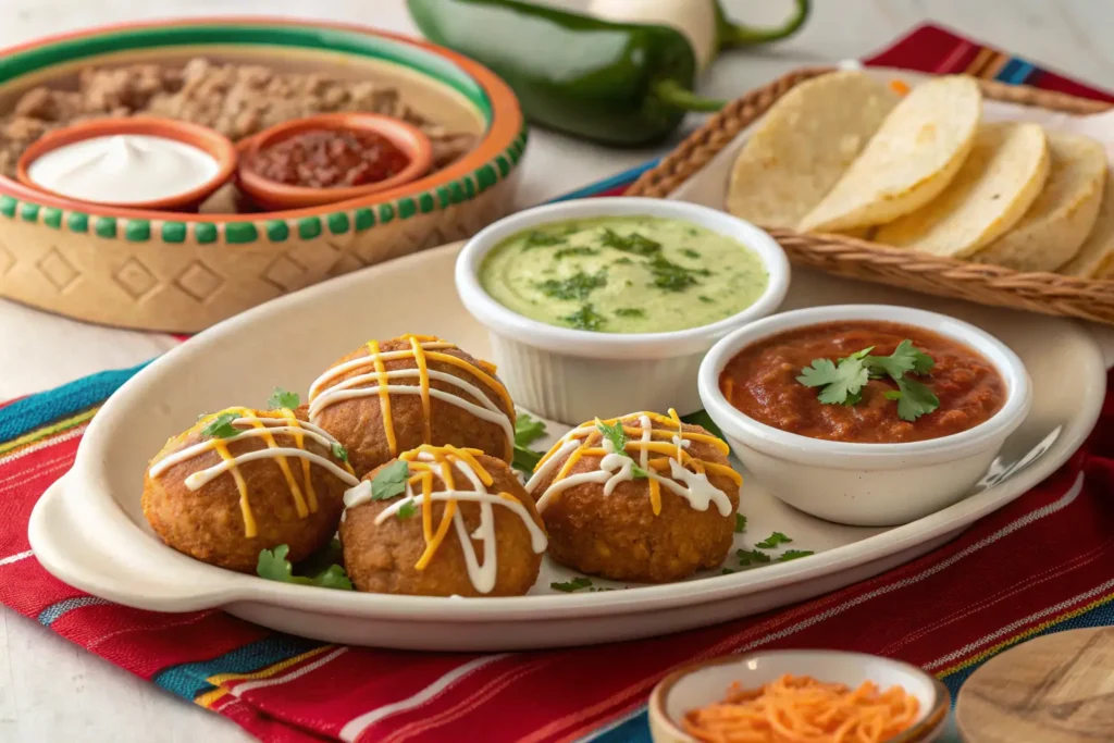 Birria bombs with Mexican sides and dips.