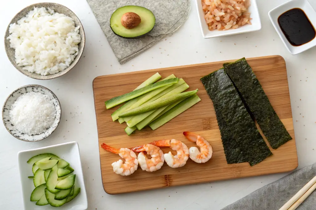 Ingredients for making a Boston Roll, including cooked shrimp, avocado, cucumber, rice, and nori.