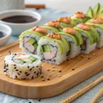 Close-up of a Boston Roll sushi platter with cooked shrimp, avocado, and cucumber