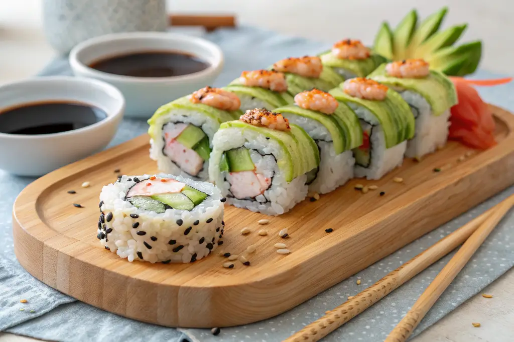 Close-up of a Boston Roll sushi platter with cooked shrimp, avocado, and cucumber