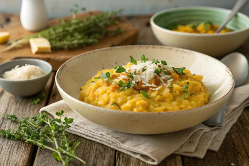 Creamy saffron risotto topped with fresh herbs on a rustic table.