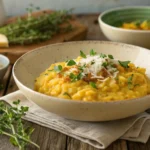 Creamy saffron risotto topped with fresh herbs on a rustic table.