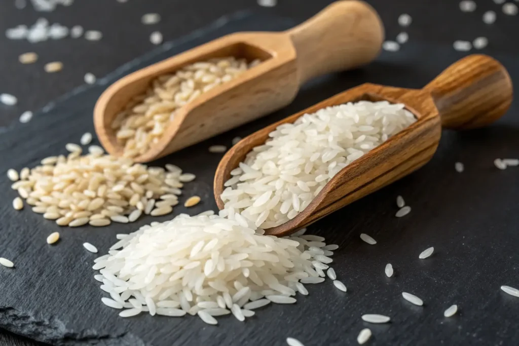 Side-by-side comparison of Arborio rice and long-grain rice.