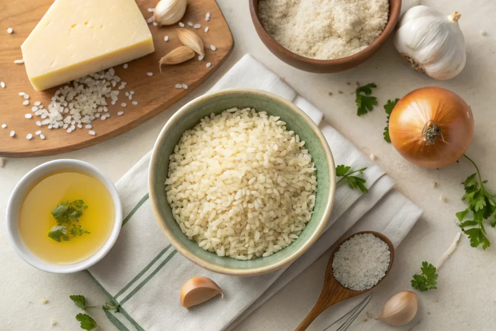 Ingredients for risotto including Arborio rice, broth, Parmesan, and white wine