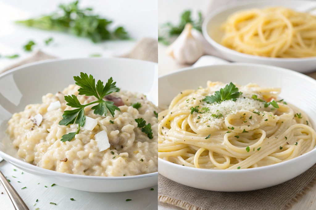 Comparison between creamy risotto and pasta Alfredo