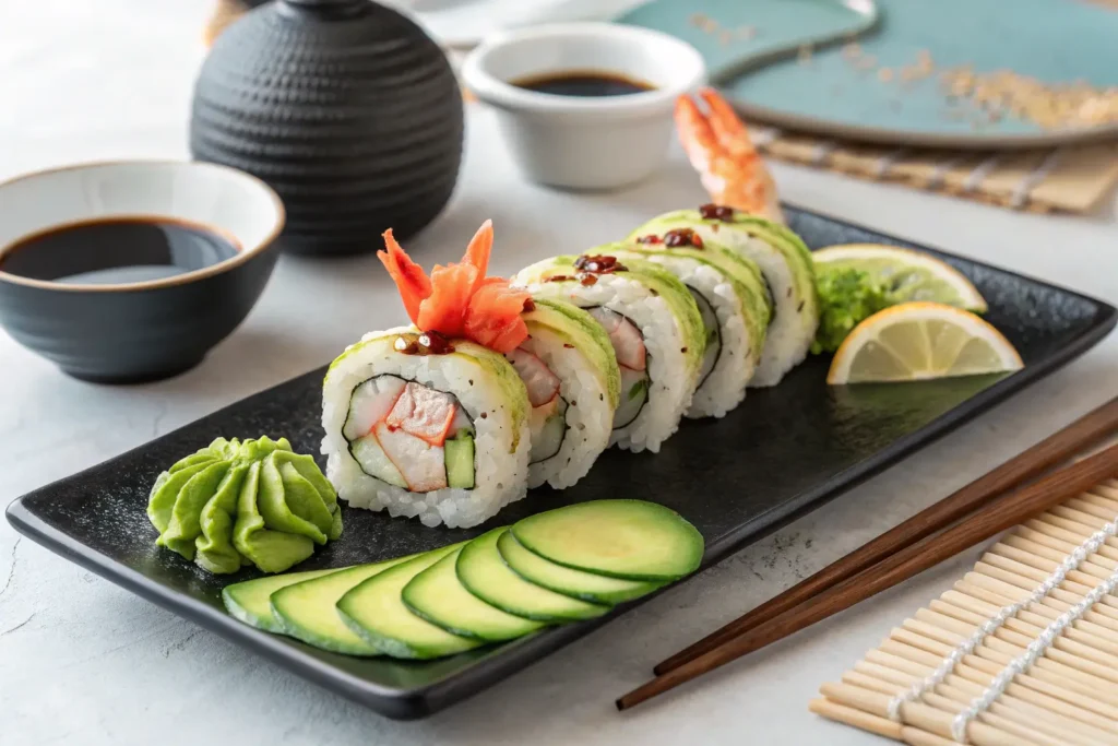 Boston roll sushi with shrimp, avocado, and cucumber on a black plate