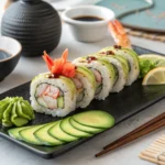 Boston roll sushi with shrimp, avocado, and cucumber on a black plate