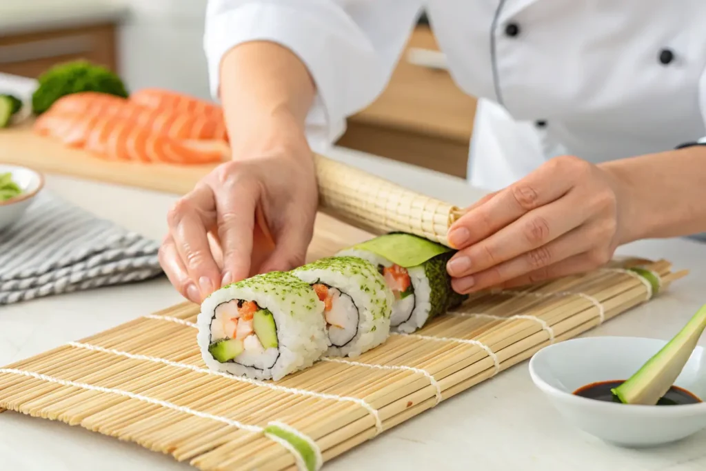 Sushi chef rolling a Boston roll with fresh shrimp and avocado