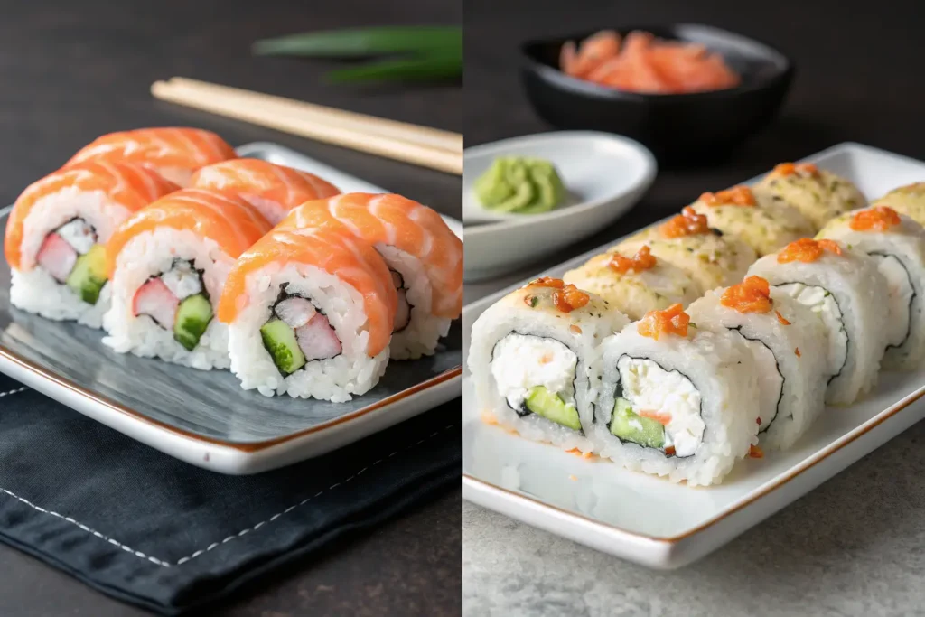 Boston roll and Philadelphia roll side by side on separate plates.