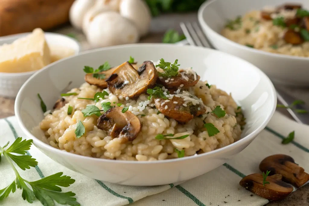 Close-up of creamy mushroom risotto garnished with parsley