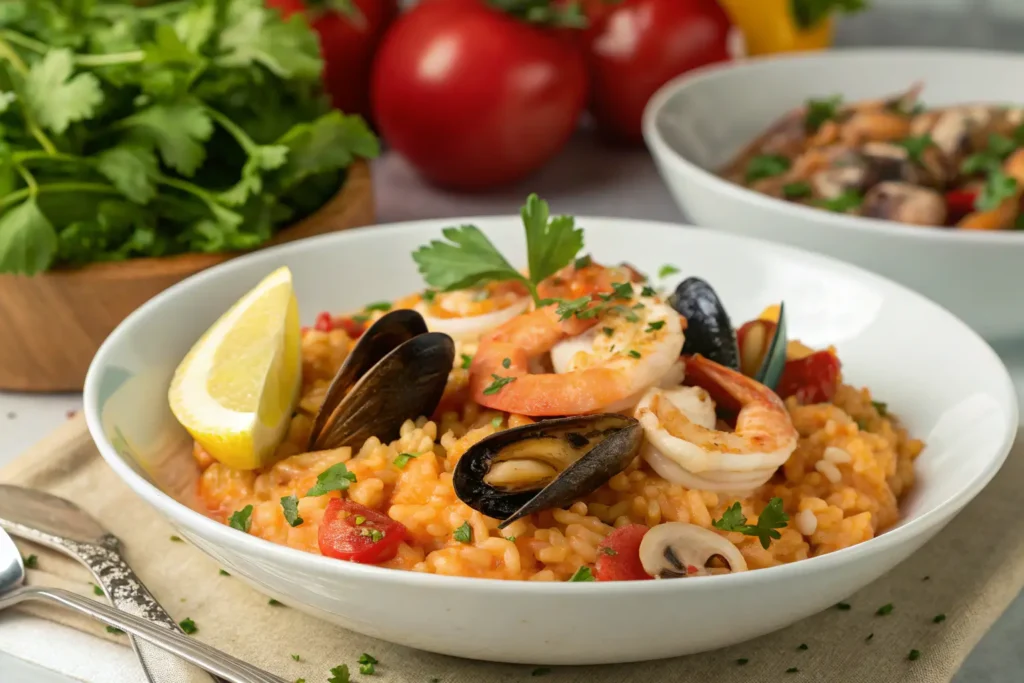 Seafood risotto with shrimp, mussels, and calamari garnished with lemon