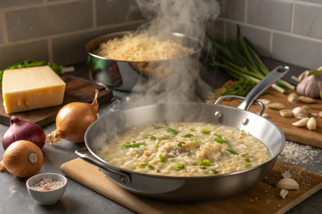 creamy risotto in a pan with fresh ingredients