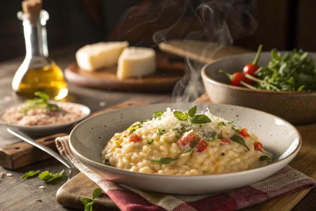 A creamy risotto served in a rustic Italian kitchen.