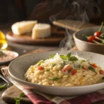 A creamy risotto served in a rustic Italian kitchen.