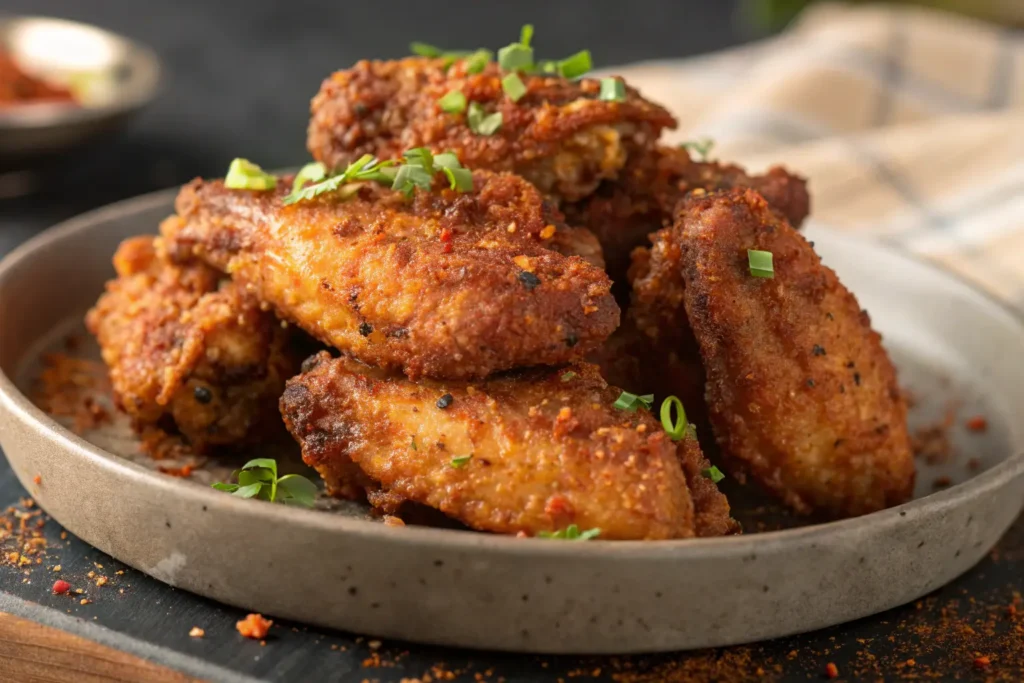 Crispy fried chicken wings with dry rub seasoning.