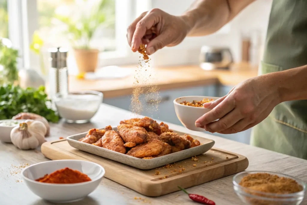 Applying dry rub to chicken wings before frying.