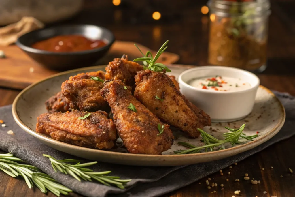 Crispy dry-rubbed chicken wings served on a plate with dipping sauce.