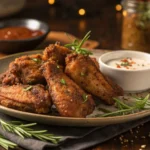 Crispy dry-rubbed chicken wings served on a plate with dipping sauce.