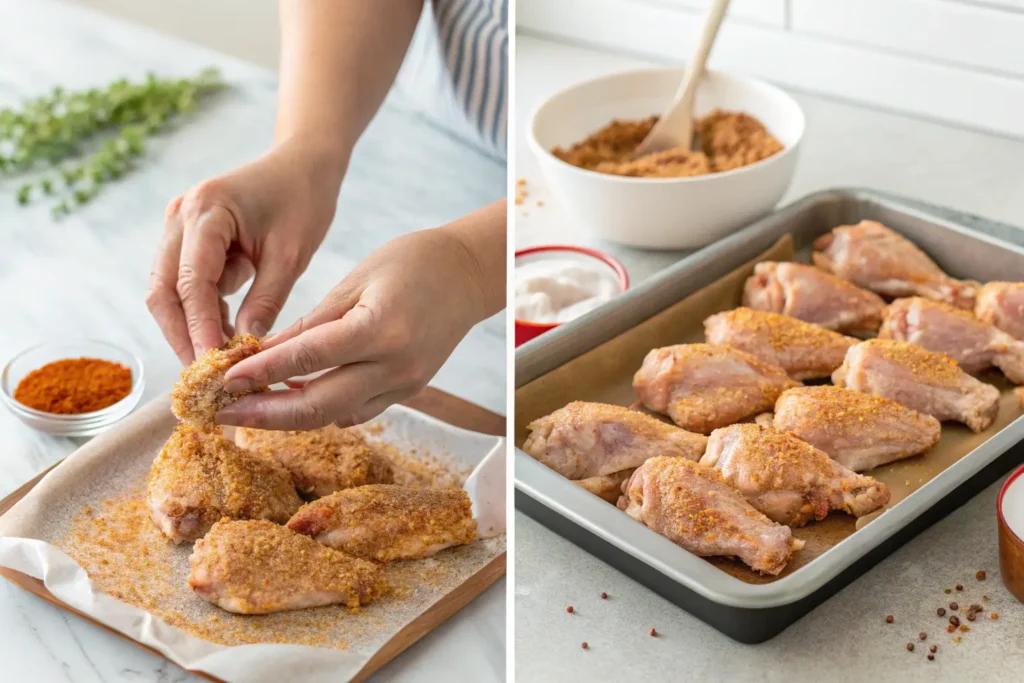 Step-by-step process of seasoning chicken wings with dry rub.