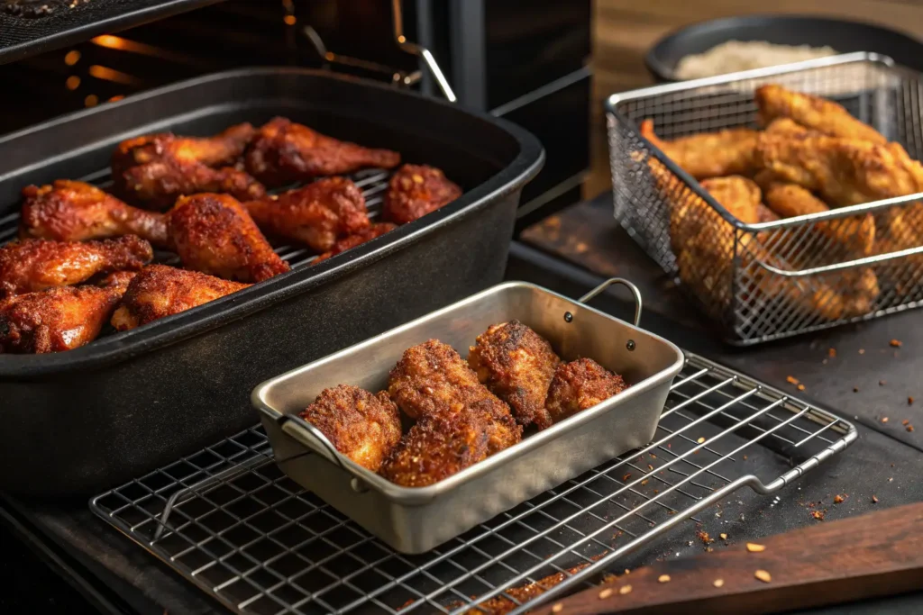 Dry-rubbed chicken wings cooking on a grill, in an oven, and an air fryer.