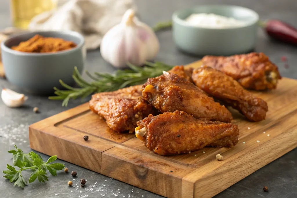 Chicken wings marinating in a bowl with fresh herbs and citrus.