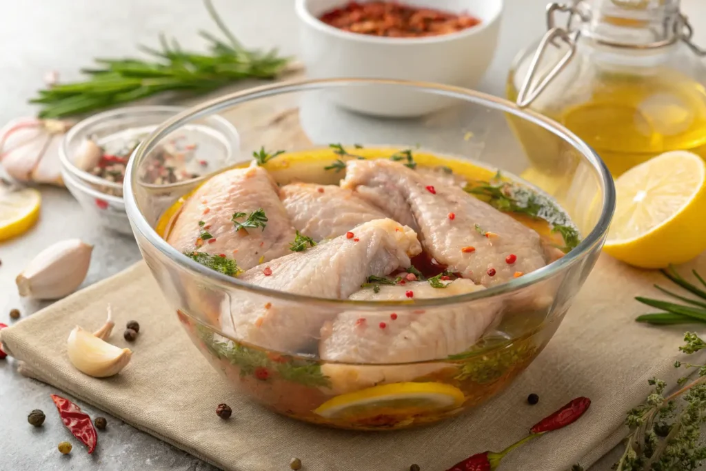 Chicken wings marinating in a bowl with fresh herbs and citrus.