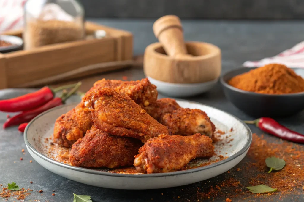 Chicken wings coated in a dry rub with spices on a plate.