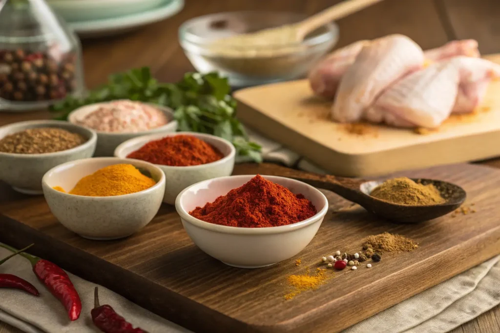 Variety of spices for a homemade chicken wing rub recipe.