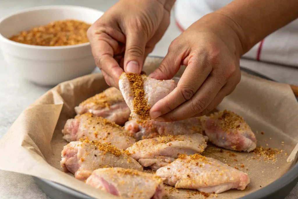 Hands applying dry rub seasoning to raw chicken wings.