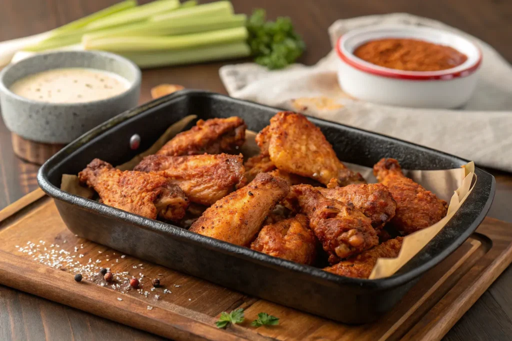 Crispy baked chicken wings with dry rub seasoning.