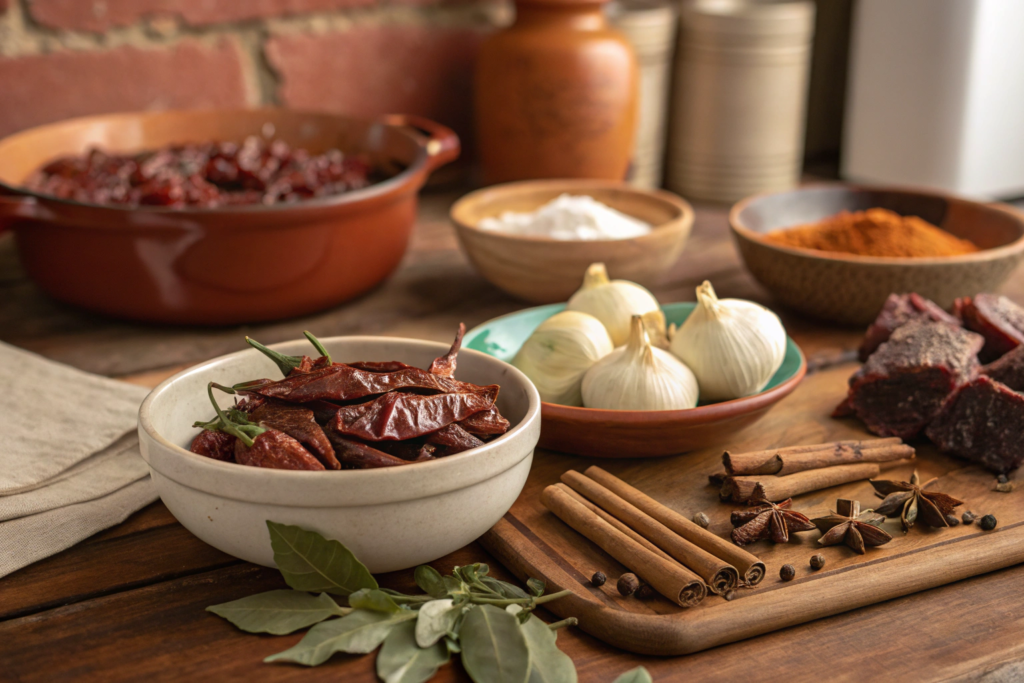 A display of essential birria ingredients on a wooden table.