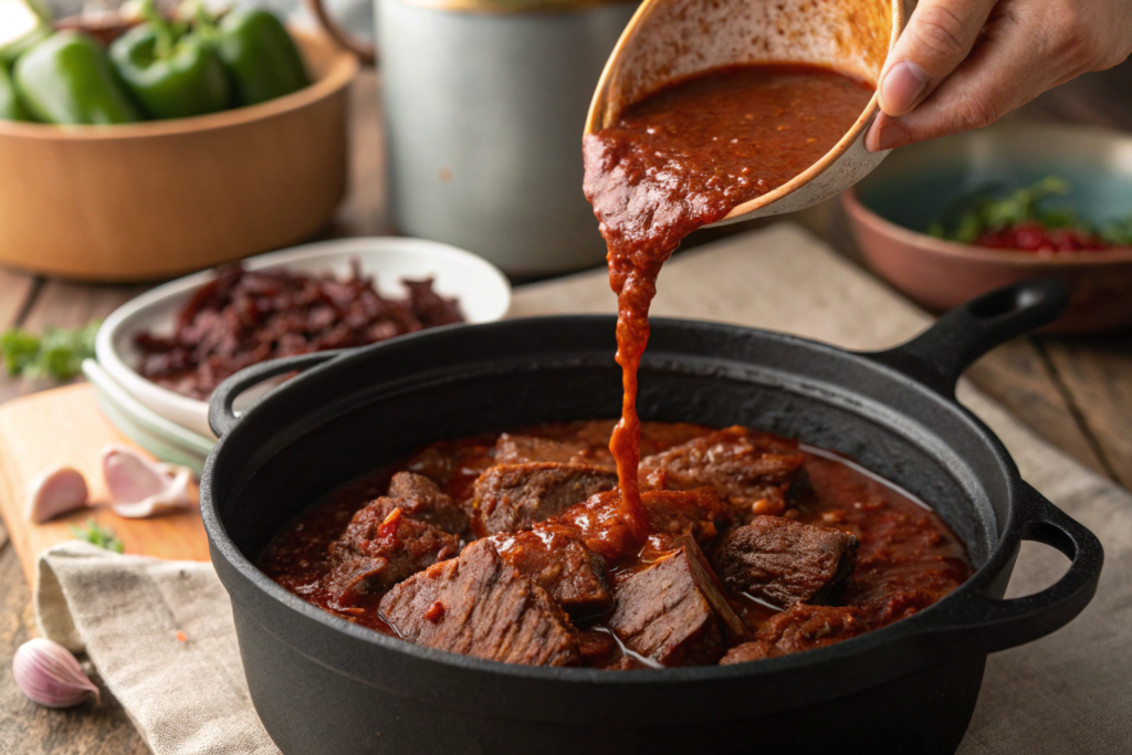 A rich birria marinade being poured over beef in a Dutch oven.