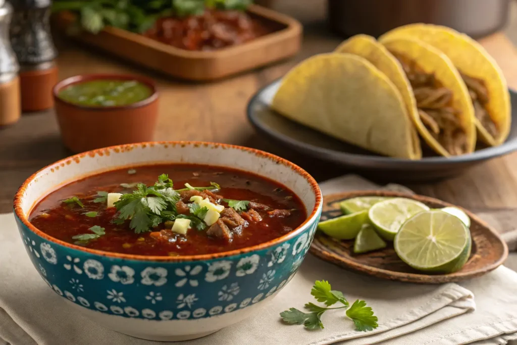 Rich and flavorful birria broth served with tacos and garnishes.