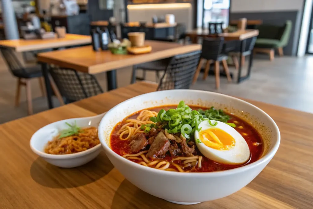 Bowl of birria ramen with beef, egg, and chili oil.