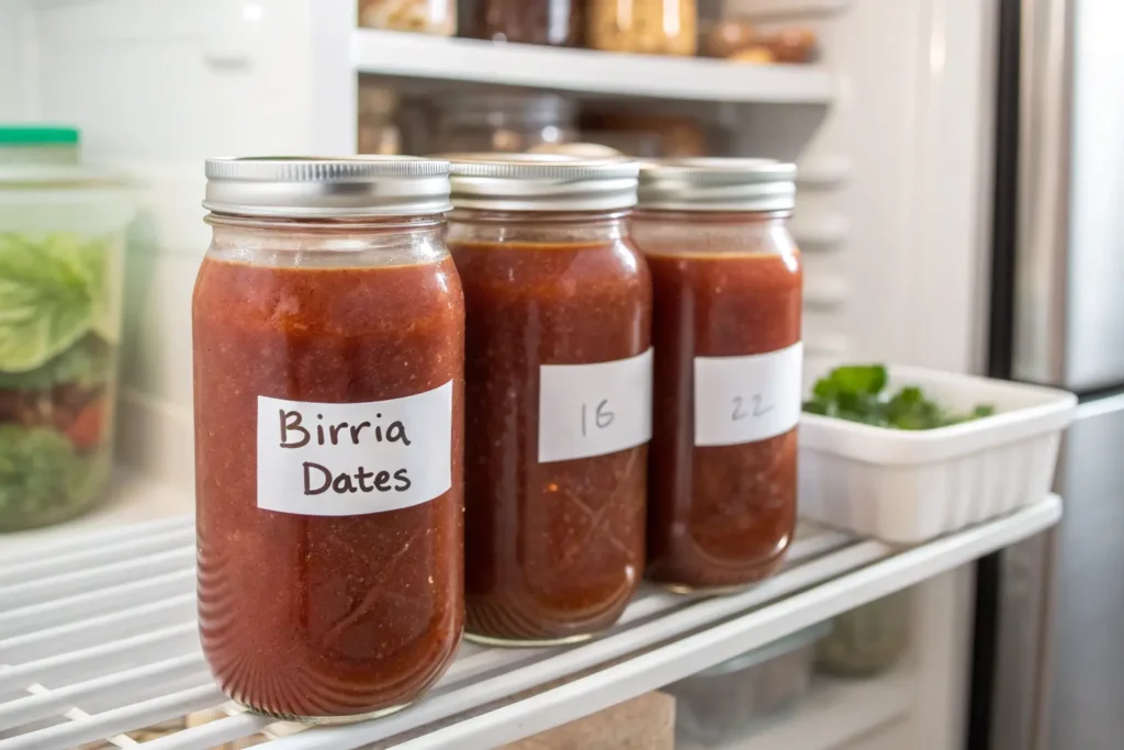 Jars of leftover birria broth stored in a refrigerator.