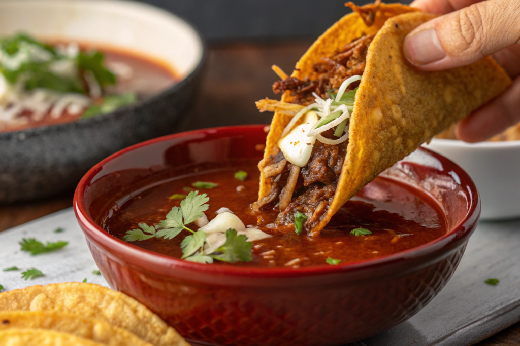 A plate of crispy birria tacos served with a steaming bowl of consomé.