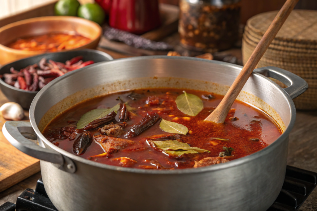  A pot of homemade birria consomé simmering on the stove.
