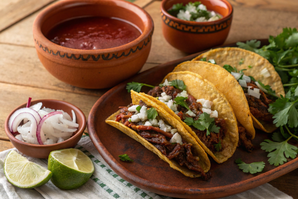 A crispy birria taco being dipped into a rich, spiced consomé.