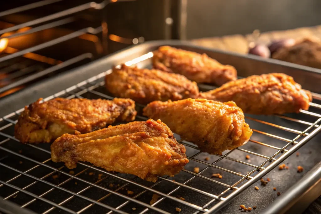 Crispy chicken wings baking in the oven