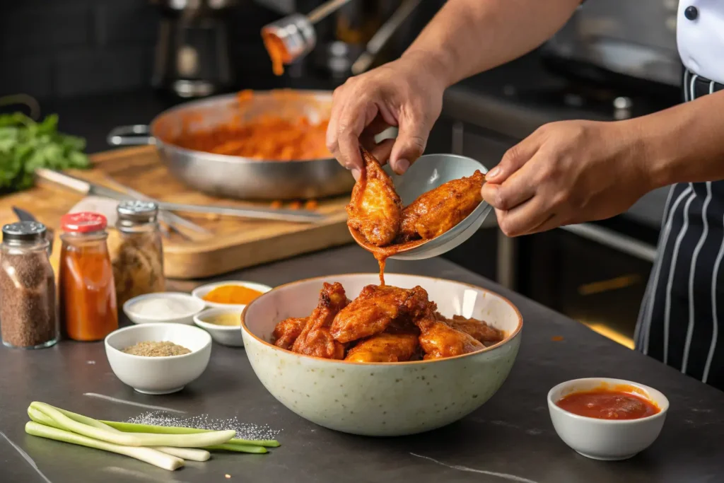 Tossing chicken wings in spicy Buffalo sauce