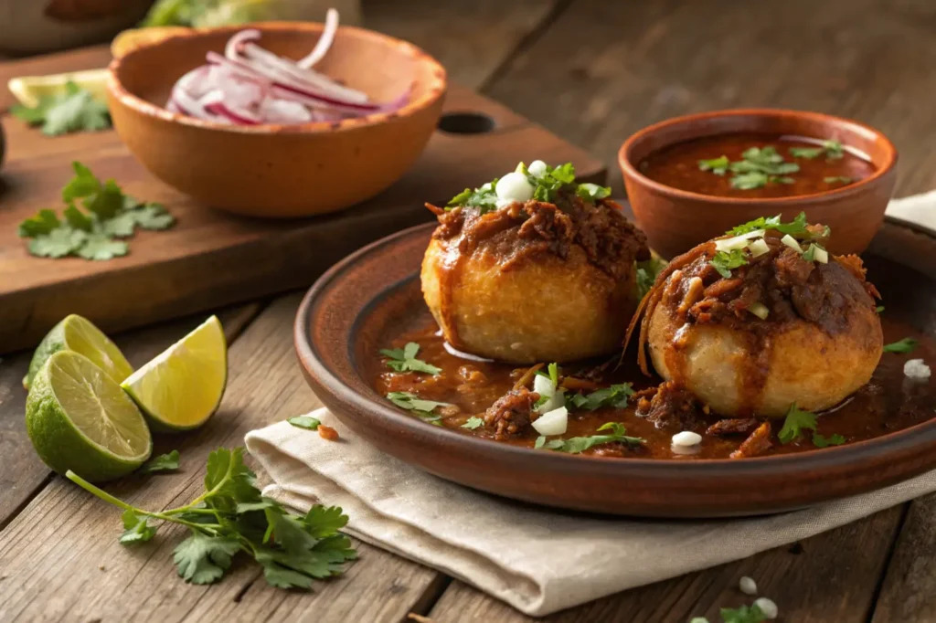 Birria bombs served with consomé, garnished with cilantro and lime.