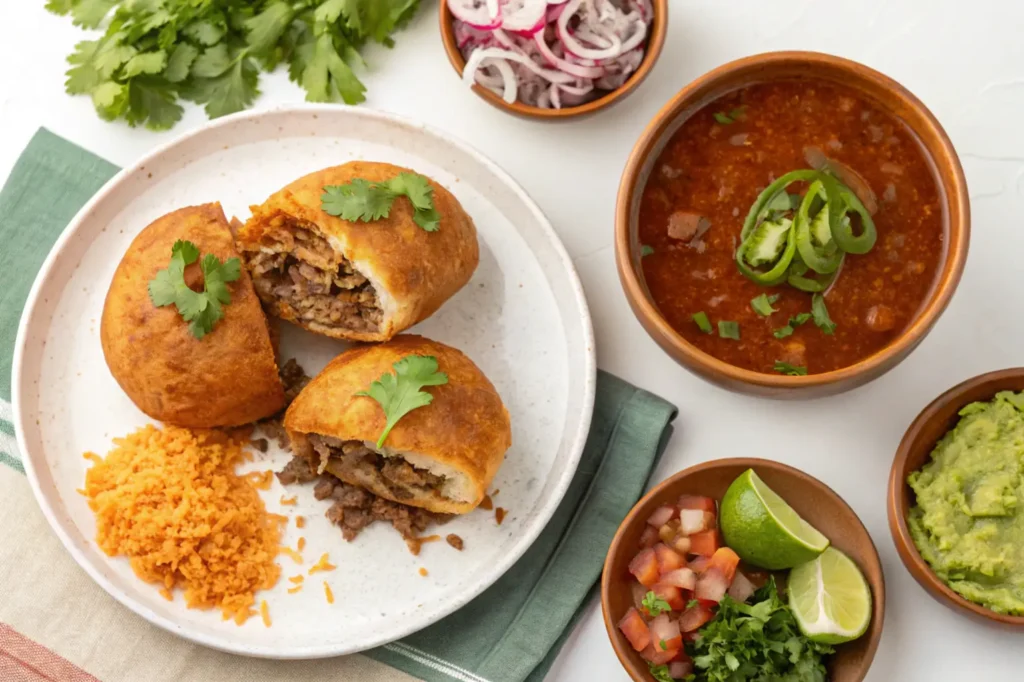 A full birria bomb meal with consomé, rice, guacamole, salsa, and pickled onions.