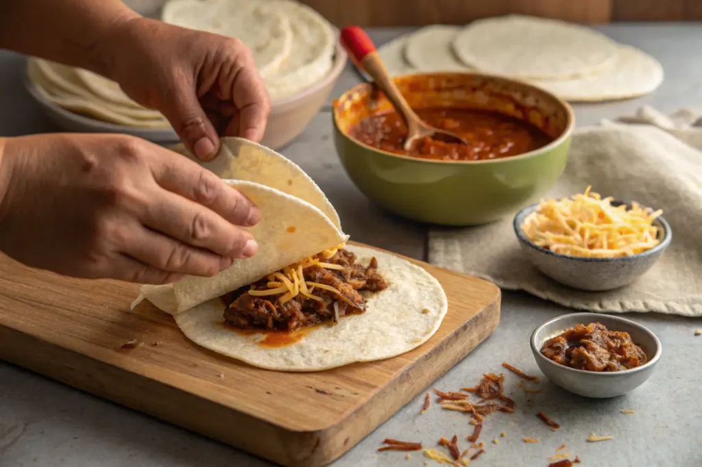 Hands preparing birria bombs by folding tortillas filled with birria meat and cheese.